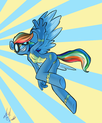 Size: 1200x1453 | Tagged: safe, artist:atryl, rainbow dash, pegasus, anthro, unguligrade anthro, g4, abstract background, anatomically incorrect, ass, butt, clothes, female, flying, goggles, incorrect leg anatomy, smiling, solo, uniform, waving, wonderbolts uniform