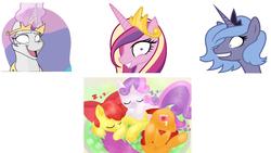 Size: 3728x2096 | Tagged: artist needed, safe, edit, apple bloom, princess cadance, princess celestia, princess luna, scootaloo, sweetie belle, alicorn, earth pony, pegasus, pony, unicorn, princess molestia, g4, butt, cutie mark crusaders, decadence, drool, female, filly, high res, imminent sex, implied foalcon, lunaughty, mare, plot, princess, s1 luna, sleeping, snoring, this will end in tears, zzz