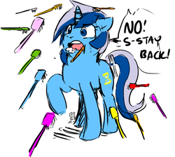 Size: 670x600 | Tagged: artist needed, safe, minuette, pony, unicorn, g4, brushie, female, mare, nightmare, raised hoof, solo, toothbrush