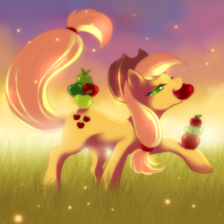 Size: 900x900 | Tagged: dead source, safe, artist:jacky-bunny, applejack, earth pony, pony, g4, apple, balancing, colored pupils, female, grass, lidded eyes, mare, mouth hold, solo, that pony sure does love apples