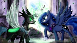 Size: 5896x3334 | Tagged: safe, artist:einik, princess luna, oc, alicorn, changeling, pony, g4, angry face, changeling king, changeling oc, duo, female, fight, green changeling, horn, horns are touching, mare, sharp teeth, teeth