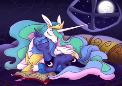 Size: 2000x1414 | Tagged: safe, artist:equestria-prevails, princess celestia, princess luna, alicorn, pony, g4, book, duo, duo female, eyes closed, female, full moon, lying down, mare, moon, night, nuzzling, prone, royal sisters, s1 luna, siblings, sisters, smiling, window