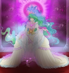 Size: 1899x1984 | Tagged: safe, artist:sparkly-monster, princess celestia, human, g4, clothes, dress, female, glowing, humanized, solo