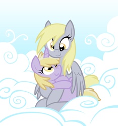 Size: 1750x1866 | Tagged: safe, artist:equestria-prevails, derpy hooves, dinky hooves, pegasus, pony, unicorn, g4, cloud, cloudy, cute, derpabetes, dinkabetes, duo, duo female, equestria's best daughter, equestria's best mother, female, filly, hug, mare, mother and daughter