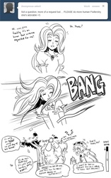 Size: 800x1270 | Tagged: safe, artist:gomigomipomi, fluttershy, pinkie pie, rainbow dash, human, g4, ask, black and white, comic, dialogue, female, goggles, grayscale, hat, humanized, monochrome, party hat, prank, scared, tree, tumblr