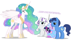 Size: 2800x1600 | Tagged: safe, artist:mixermike622, night light, princess celestia, twilight sparkle, twilight velvet, alicorn, pony, unicorn, g4, look before you sleep, 2011, baby talk, beautiful, clothes, crown, cute, diabetes, dress, ear piercing, earring, eyes closed, female, filly, filly twilight sparkle, froufrou glittery lacy outfit, hat, hennin, hilarious in hindsight, hnnng, hoof shoes, jewelry, laughing, lidded eyes, male, mare, necklace, parent, pearl, pearl necklace, piercing, princess, raised hoof, regalia, simple background, smiling, spread wings, stallion, that pony sure does love celestia, transparent background, twiabetes, twilight wants to be a princess, unicorn twilight, vector, weapons-grade cute