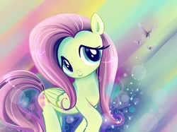Size: 927x695 | Tagged: safe, artist:misteelala, fluttershy, butterfly, pegasus, pony, g4, abstract background, female, mare, solo