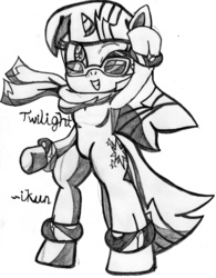 Size: 818x1049 | Tagged: safe, artist:ikuntyphoon, twilight sparkle, pony, semi-anthro, g4, clothes, cool, female, glasses, mare, monochrome, scarf, simple background, solo, sunglasses