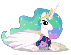Size: 2800x2200 | Tagged: safe, artist:mixermike622, princess celestia, smarty pants, twilight sparkle, alicorn, pony, unicorn, g4, cute, cutelestia, duo, female, filly, filly twilight sparkle, high res, hug, mare, momlestia, prone, simple background, sleeping, smiling, transparent background, twiabetes, vector, wing blanket, winghug, younger