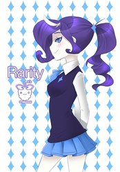 Size: 486x700 | Tagged: safe, artist:framboosi, rarity, human, g4, abstract background, blushing, clothes, cute, female, humanized, pony coloring, ponytail, profile, raribetes, skirt, solo