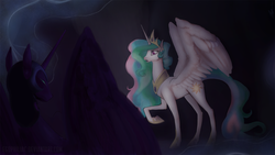 Size: 1600x903 | Tagged: dead source, safe, artist:egophiliac, nightmare moon, princess celestia, alicorn, pony, g4, duo, duo female, female, mare, raised hoof