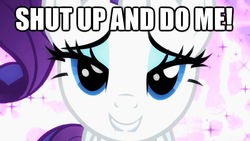 Size: 620x349 | Tagged: safe, edit, edited screencap, screencap, rarity, pony, unicorn, g4, season 2, secret of my excess, bedroom eyes, blue eyes, blue eyeshadow, eyeshadow, female, image macro, impact font, implied sex, innuendo, lidded eyes, lip bite, looking at you, makeup, mare, purple hair, purple mane, solo, text, white coat, white fur, white pony