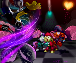 Size: 2000x1666 | Tagged: safe, artist:sakuyamon, apple bloom, discord, scootaloo, sweetie belle, earth pony, pegasus, pony, unicorn, g4, clothes, costume, crossover, cutie mark crusaders, disney, female, filly, hat, heart, kingdom hearts, magic, throne