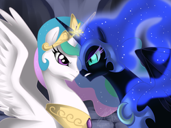 Size: 1024x768 | Tagged: dead source, safe, artist:cat-cly, nightmare moon, princess celestia, alicorn, pony, g4, duo, duo female, eye contact, female, horn, horns are touching, looking at each other, mare