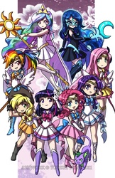 Size: 582x900 | Tagged: safe, artist:youkaiyume, applejack, fluttershy, pinkie pie, princess celestia, princess luna, rainbow dash, rarity, spike, twilight sparkle, cat, human, g4, anime, boots, catified, clothes, costume, crossover, female, humanized, mane seven, mane six, royal sisters, sailor moon (series), sailor senshi, shoes, skirt, socks, species swap, spike the cat, thigh boots, thigh highs