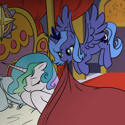 Size: 1000x1000 | Tagged: safe, artist:madmax, princess celestia, princess luna, alicorn, pony, g4, bed, blanket, female, flying, mare, mouth hold, s1 luna, sisters, sleeping, tucking in