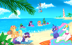 Size: 1920x1200 | Tagged: safe, artist:madmax, applejack, fluttershy, gummy, pinkie pie, princess celestia, princess luna, rainbow dash, rarity, spike, twilight sparkle, alicorn, dragon, earth pony, pegasus, pony, unicorn, g4, basket, beach, beach ball, female, flower, flower in hair, flutterduck, inner tube, lighthouse, male, mane seven, mane six, mare, mouth hold, ocean, pegaduck, picnic basket, prone, s1 luna, shark fin, snorkel, sunglasses, water