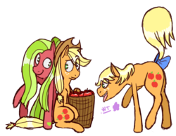 Size: 580x450 | Tagged: safe, artist:wolfytails, applejack, applejack (g1), applejack (g3), earth pony, pony, g1, g3, g4, bow, female, g1 to g4, g3 to g4, generation leap, generational ponidox, mare, no pupils, simple background, sitting, tail bow, transparent background