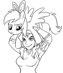 Size: 861x1000 | Tagged: safe, artist:madmax, rainbow dash, human, pegasus, pony, g4, annoyed, bunny ears, crossover, female, korra, mare, monochrome, ponies riding humans, pony hat, riding, the legend of korra