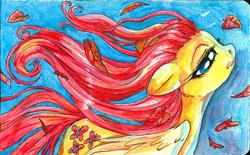 Size: 1280x792 | Tagged: safe, artist:buttercupsaiyan, fluttershy, pegasus, pony, g4, female, floppy ears, leaf, mare, smiling, solo, traditional art, windswept mane