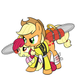 Size: 1000x1000 | Tagged: safe, artist:madmax, apple bloom, applejack, earth pony, pony, g4, chainsaw, chuck greene, clothes, crossover, dead rising, dead rising 2, duo, female, filly, katey greene, mare, paddle, simple background, transparent background