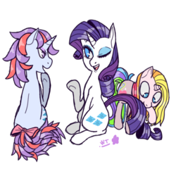 Size: 550x550 | Tagged: safe, artist:wolfytails, rarity, rarity (g3), sparkler (g1), pony, unicorn, g1, g3, g4, bow, female, g1 to g4, g3 to g4, generation leap, generational ponidox, mare, no pupils, one eye closed, simple background, sitting, tail bow, transparent background