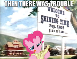 Size: 730x554 | Tagged: safe, pinkie pie, earth pony, pony, g4, female, image macro, map, mare, meme, shining time station, solo, tongue out