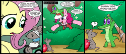 Size: 1500x656 | Tagged: safe, artist:madmax, fluttershy, gummy, pinkie pie, earth pony, mouse, pegasus, pony, g4, abuse, animal abuse, baseball bat, bipedal, bush, clothes, comic, confused, crossover, dialogue, female, food, frown, glare, gradient eyes, hat, hoodie, injured, looking back, mare, open mouth, pointing, pokemans pink, pokémon, smiling, smirk, speech bubble, spiked club, strawberry, text, thought bubble, wat, wheelchair