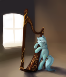 Size: 1188x1370 | Tagged: source needed, safe, artist:bistromatic, artist:noel, lyra heartstrings, pony, unicorn, g4, eyes closed, female, harp, mare, musical instrument, sitting, solo, window