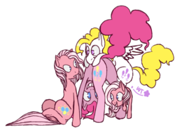 Size: 730x540 | Tagged: safe, artist:wolfytails, pinkie pie, pinkie pie (g3), surprise, earth pony, pegasus, pony, g1, g3, g3.5, g4, butt, female, g1 to g4, g3 to g4, g3.5 to g4, generation leap, generational ponidox, grin, mare, no pupils, plot, simple background, smiling, transparent background