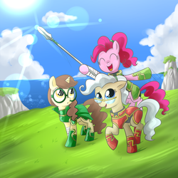 Size: 1200x1200 | Tagged: safe, artist:madmax, mayor mare, pinkie pie, oc, oc:madmax, earth pony, pony, unicorn, g4, armor, crossover, female, fire emblem, glasses, lens flare, mare, pony emblem, spear, weapon