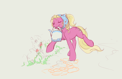 Size: 1037x671 | Tagged: safe, artist:noel, lily, lily valley, earth pony, pony, g4, clothes, eyes closed, female, flower, mare, mouth hold, scarf, solo, watering can