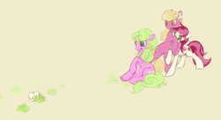 Size: 1109x602 | Tagged: safe, artist:noel, daisy, flower wishes, lily, lily valley, roseluck, earth pony, pony, rabbit, g4, backing away, colored pupils, female, flower trio, hug, mare, the horror