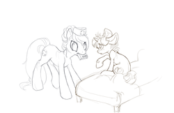 Size: 900x582 | Tagged: safe, artist:noel, nurse redheart, snails, earth pony, pony, unicorn, g4, bandaid, bed, colt, duo, female, hospital bed, male, mare, monochrome, mouth hold, no pupils