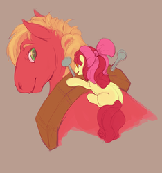 Size: 660x706 | Tagged: safe, artist:noel, apple bloom, big macintosh, earth pony, pony, g4, brother and sister, female, filly, male, piggyback ride, ponies riding ponies, riding, size difference, smiling, stallion