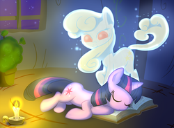 Size: 1490x1104 | Tagged: safe, artist:madmax, twilight sparkle, oc, oc:yellowstar, ghost, ghost pony, pony, unicorn, fanfic:the star in yellow, g4, book, candle, duo, duo female, fanfic art, female, mare, night, sleeping, unicorn twilight