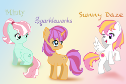 Size: 900x600 | Tagged: safe, artist:capcomwarrior, minty, sparkleworks, sunny daze (g3), earth pony, pegasus, pony, unicorn, g3, g4, female, g3 to g4, generation leap, gradient background, mare