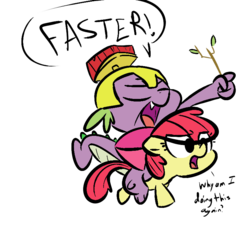 Size: 770x700 | Tagged: safe, artist:tess, apple bloom, spike, dragon, earth pony, pony, g4, colored, confused, dragons riding ponies, duo, female, filly, floppy ears, male, riding, simple background, spike riding apple bloom, transparent background