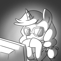 Size: 1000x1000 | Tagged: safe, artist:madmax, oc, oc only, oc:madmax, pony, unicorn, female, gendo pose, glasses, mare, monitor, monochrome, neon genesis evangelion, solo