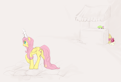 Size: 1280x870 | Tagged: safe, artist:noel, angel bunny, daisy, flower wishes, fluttershy, lily, lily valley, roseluck, earth pony, pegasus, pony, rabbit, g4, female, flower trio, hiding, mare, peeking, standing on head, walking