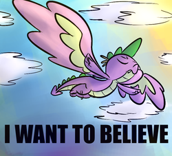 Size: 770x700 | Tagged: dead source, safe, artist:rustydooks, artist:tess, spike, dragon, g4, awesome in hindsight, eyes closed, flying, heartwarming in hindsight, hilarious in hindsight, i want to believe, impossibly large wings, large wings, male, sky, solo, winged spike, wings