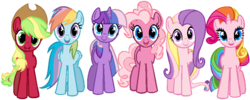 Size: 843x337 | Tagged: safe, artist:colossalstinker, applejack (g3), fluttershy (g3), pinkie pie (g3), rainbow dash (g3), rarity (g3), twilight twinkle, earth pony, pegasus, pony, unicorn, g3, g4, female, g3 to g4, generation leap, looking at you, mare, palette swap, recolor, simple background, transparent background