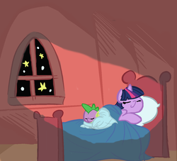 Size: 1100x1000 | Tagged: safe, artist:tess, spike, twilight sparkle, dragon, pony, unicorn, g4, bed, colored, duo, female, male, mare, night, sleeping, window