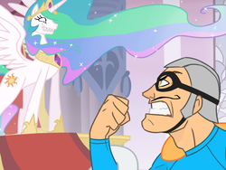 Size: 1024x768 | Tagged: safe, artist:thelivingmachine02, princess celestia, alicorn, human, pony, g4, aquabats, crossover, duo, female, grin, gritted teeth, human male, male, mare, mc bat commander, smiling