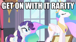 Size: 625x350 | Tagged: safe, edit, edited screencap, screencap, princess celestia, rarity, alicorn, pony, unicorn, g4, my little pony: friendship is magic, season 2, sweet and elite, duo, duo female, female, image macro, mare