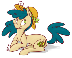 Size: 900x727 | Tagged: safe, artist:pashapup, oc, oc only, oc:paisley patch, earth pony, pony, female, hat, mare, no pupils, prone, solo