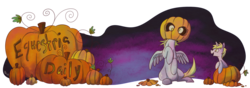 Size: 1000x350 | Tagged: safe, artist:pashapup, derpy hooves, dinky hooves, pegasus, pony, unicorn, equestria daily, g4, banner, derpy pumpkinhead, duo, duo female, female, filly, halloween, holiday, jack-o-lantern, mare, nightmare night, no pupils, pumpkin, pumpkin patch, sitting