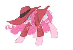 Size: 780x535 | Tagged: safe, artist:noel, pinkie pie, earth pony, pony, g4, carmen sandiego, clothes, cosplay, female, hat, mare, no pupils, parody, simple background, solo, white background, windswept mane
