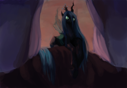 Size: 1158x800 | Tagged: source needed, safe, artist:noel, queen chrysalis, changeling, changeling queen, g4, backlighting, female, looking at you, prone, solo, wip