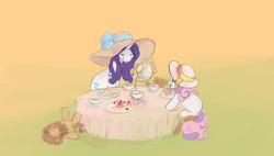 Size: 1258x717 | Tagged: safe, artist:noel, rarity, sweetie belle, pony, unicorn, g4, belle sisters, clothes, cottagecore, cupcake, cute, diasweetes, drink, duo, duo female, female, filly, foal, food, giant hat, hat, mare, plushie, raribetes, siblings, sisters, sitting, tea, tea party, teapot